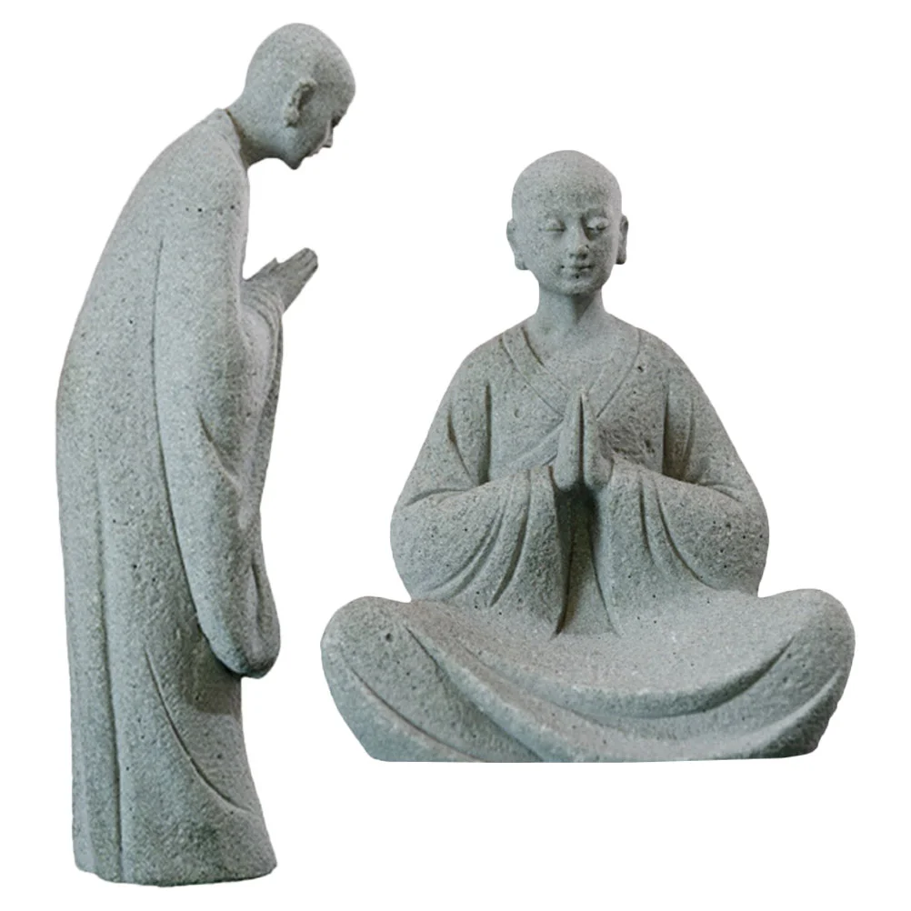 

2 Pcs Micro Landscape Buddha Statue Monk Decor Traditional Mini Little Figurines Garden Zen