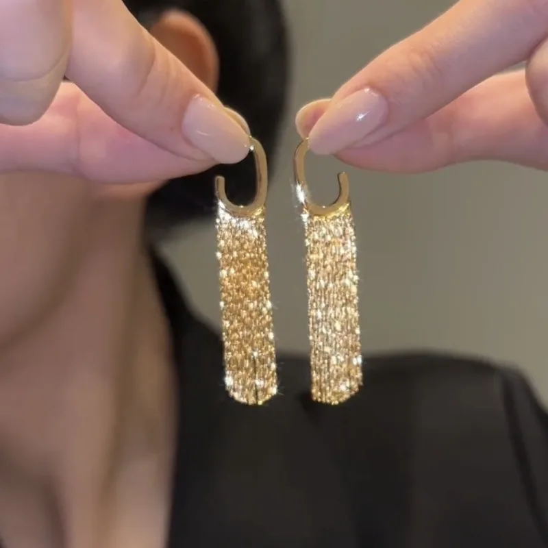 Fashion Statement Gold Silver Color Long Metal Chain Bling Tassel Earrings for Women Wedding Jewelry Pendant Gift