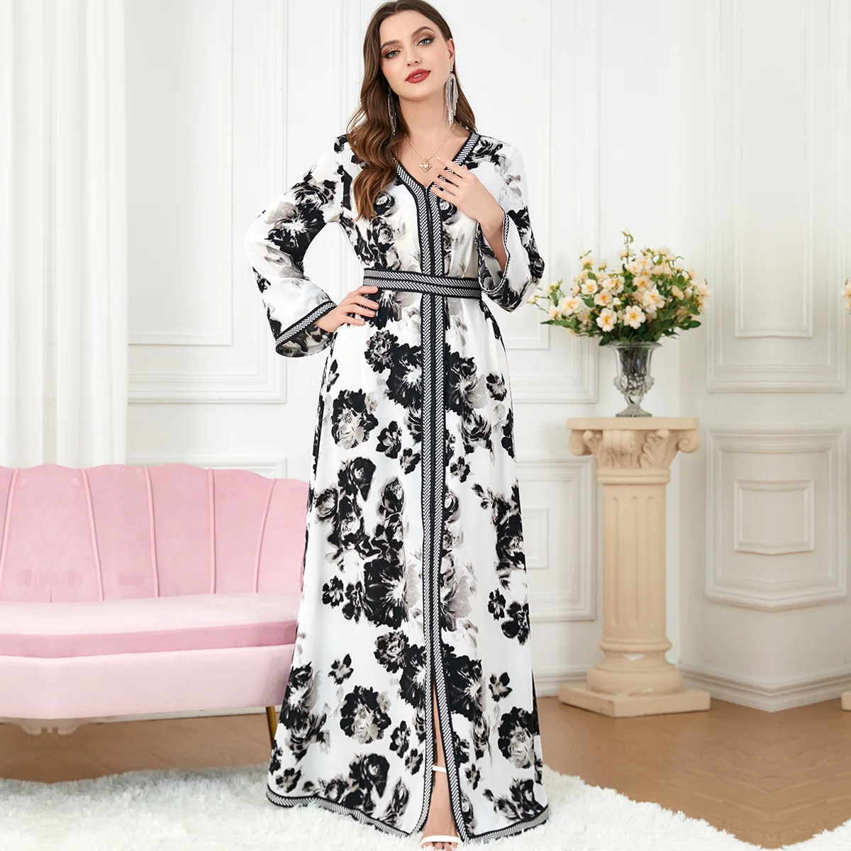 Muslim Long Sleeved Dress for Women Printed Patchwork Abaya Temperament