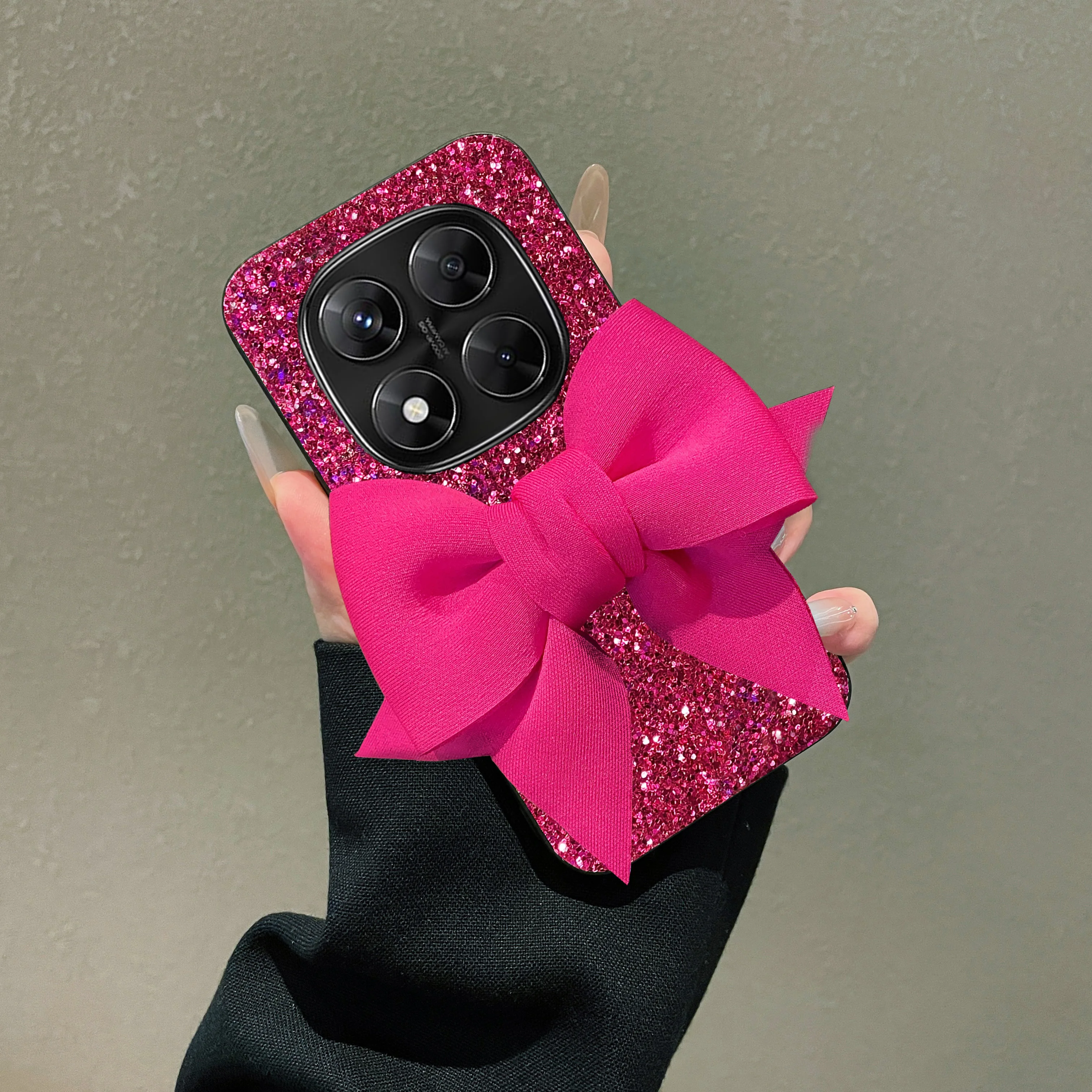 Chic Rose Red Glitter Bowknot Leather Phone Case - Shockproof Soft Back Cover