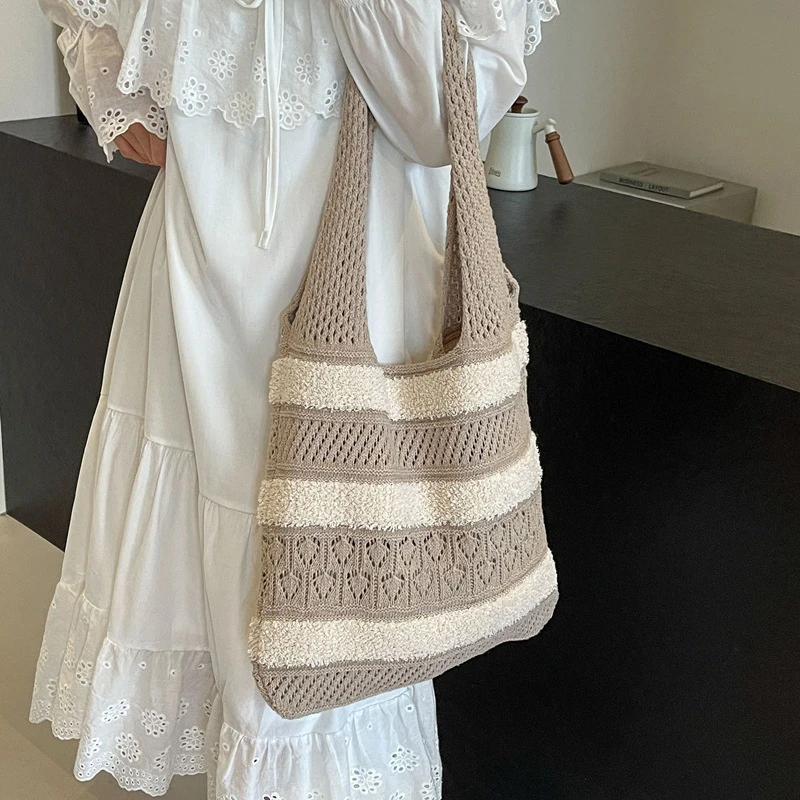 Fashion Vintage Colour Blocking Striped Knitted Hollow Tote Bag Large Capacity Shopping Shoulder Bag Handbag for Women