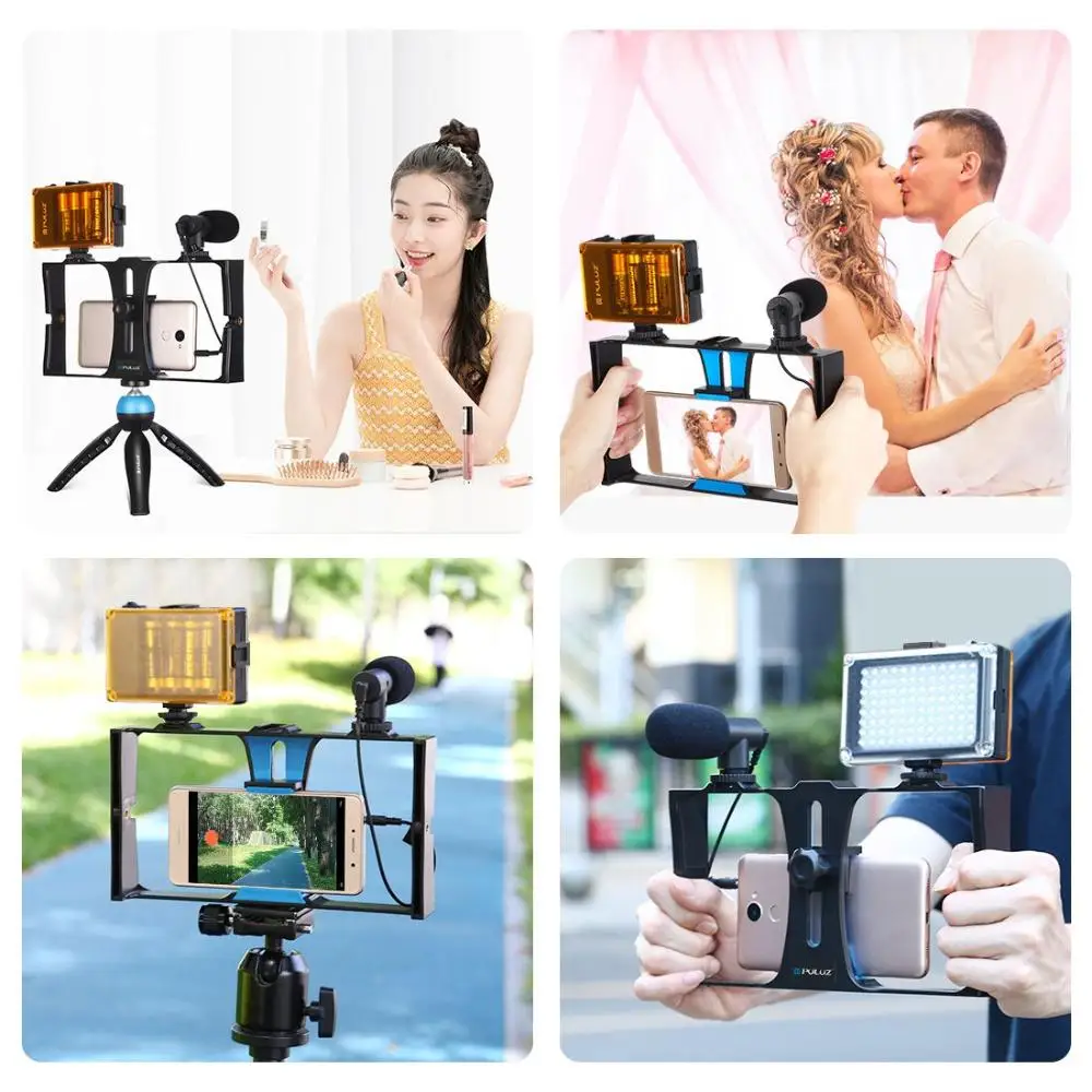 

Steady Phone Holder Recording Vlogging Filmmaking Filling Light Video Rig Photography Kits with Microphone Tripod