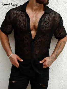Trendy Men’s Mesh Shirt – Stylish Short Sleeve See-Through Top 1
