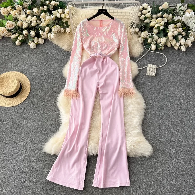 

Women's Furry Splicing Sequin Jumpsuit, High Waist, Chic, Chic, Smiling Trousers, Spring and Autumn, New, Fashionable