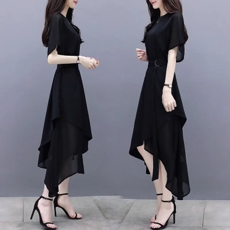 

Summer Women's Clothing Black Long Dress Short Sleeve Irregular Grace Chinese Style Retro Slim Fit Belt Midi Skirt Wholesale H42