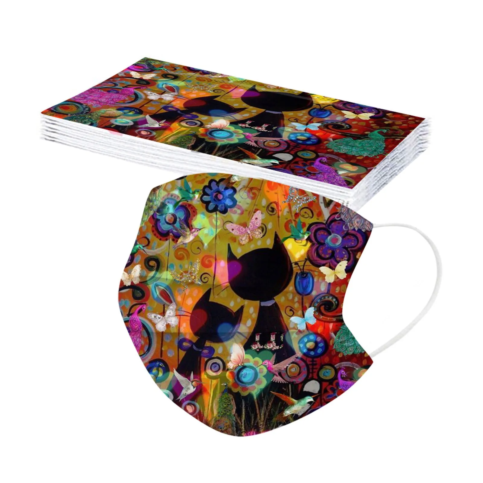Disposable Face Mask 10PC Adult Flowers Cat Cartoons Printing Three-Layer Protective