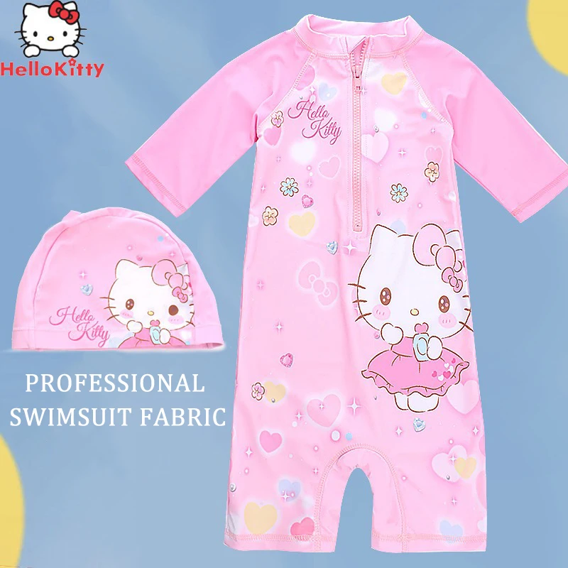 

Sanrio Hello Kitty Girls Bikini Cartoon Cute One-Piece Swimsuit Cap Set Children Swimwear Baby Bathing Dress Kids Swiming Skirt