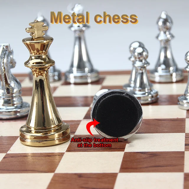 Buy Online Best Quality Metal Chess Set Folding Wooden Chess Board Handcrafted Chess Pieces Table Game Portable Travel Chess Board Game Sets 12 Inches