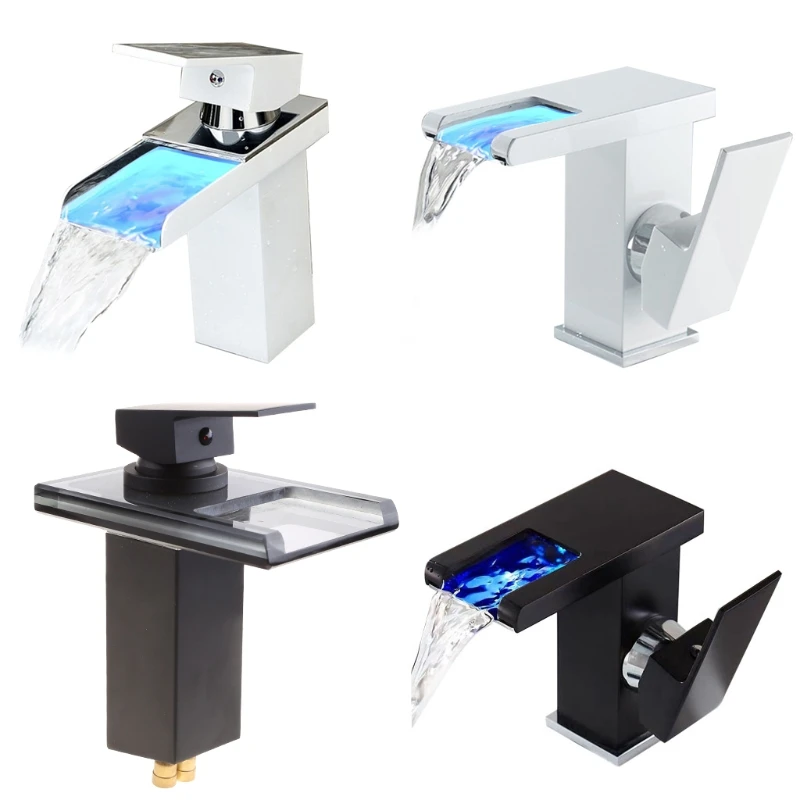 

LXAF LED Waterfall Kitchen Bathroom Basin Sink Taps Faucet Temperature