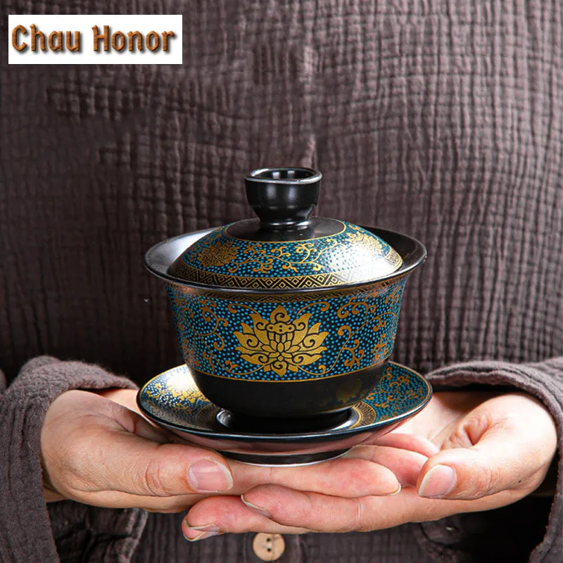 170ml Black Glazed Ceramic Sancai Gaiwan Painted Gold Heap Flower Tea Bowl Kung Fu Tea Set Handmade Tea Brew Tea Cup Accessories