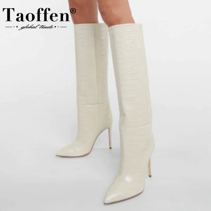 

Taoffen New Women Knee Boots Thin Heels Shoes For Woman Slip On Solid Color Western Long Boots Winter Footwear Size 35-43