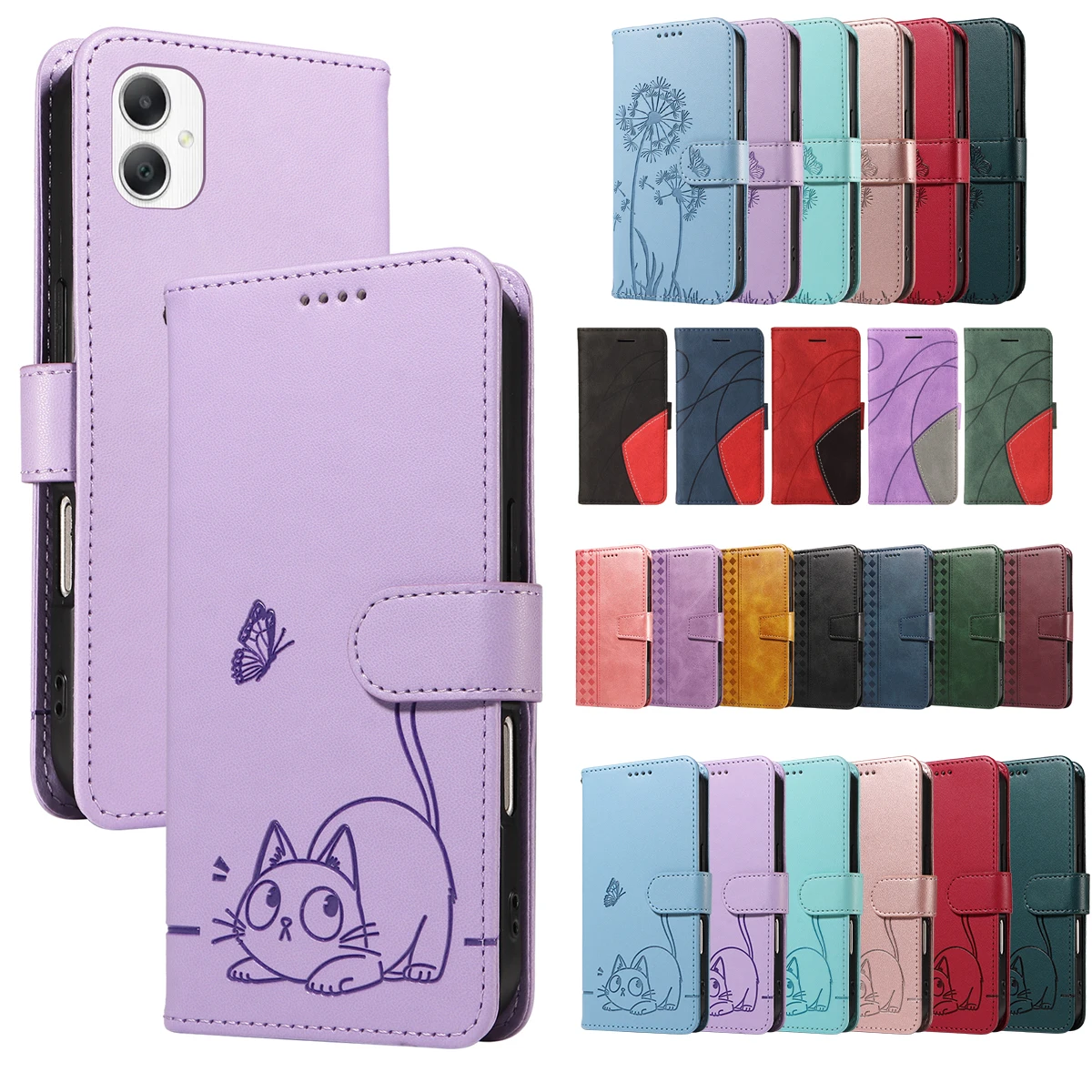 Magnetic Luxury Leather Phone Case with Cat Dandelion Design