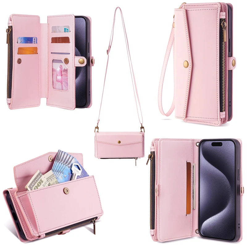 Leather Flip Wallet Case with Card Slots and Magnetic Closure