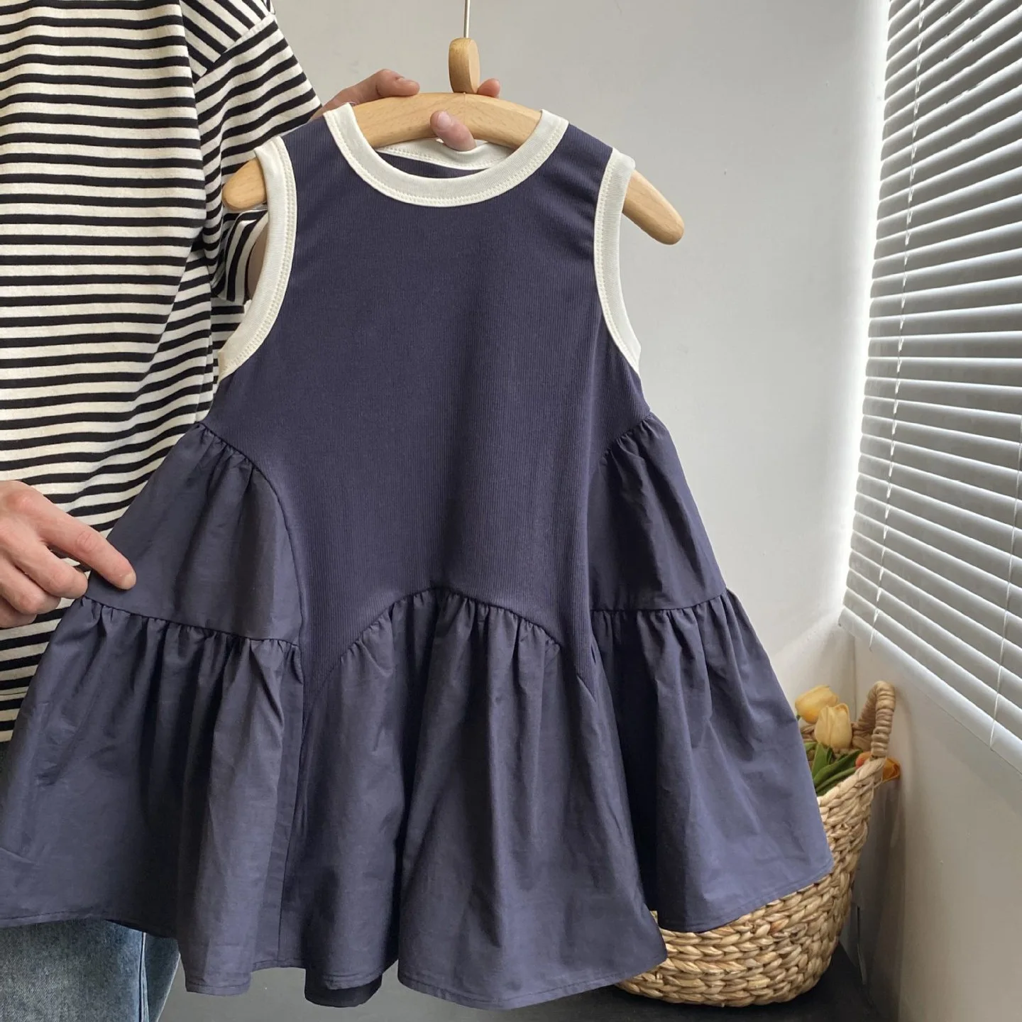 Girls Casual Dresses Summer Splicing Vest Skirt Thin Fashionable Versatile Sleeveless Children Clothing Skirt 2024 Round Collar