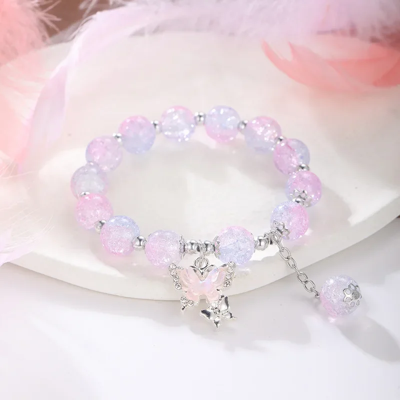 Butterfly Bohemian Sweet Beaded Bracelet for Women Girls Pink Color Imitation Jade Crystal Hand Jewelry Birthday Party Gifts