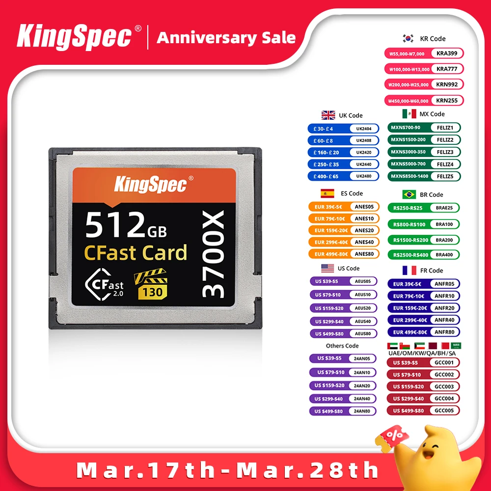 KingSpec Compact Flash Card CFast 2.0 512GB 256GB 1TB Memory Card 525MB/s Flash Card Memory Card For Full HD 3D 4K Video Camera