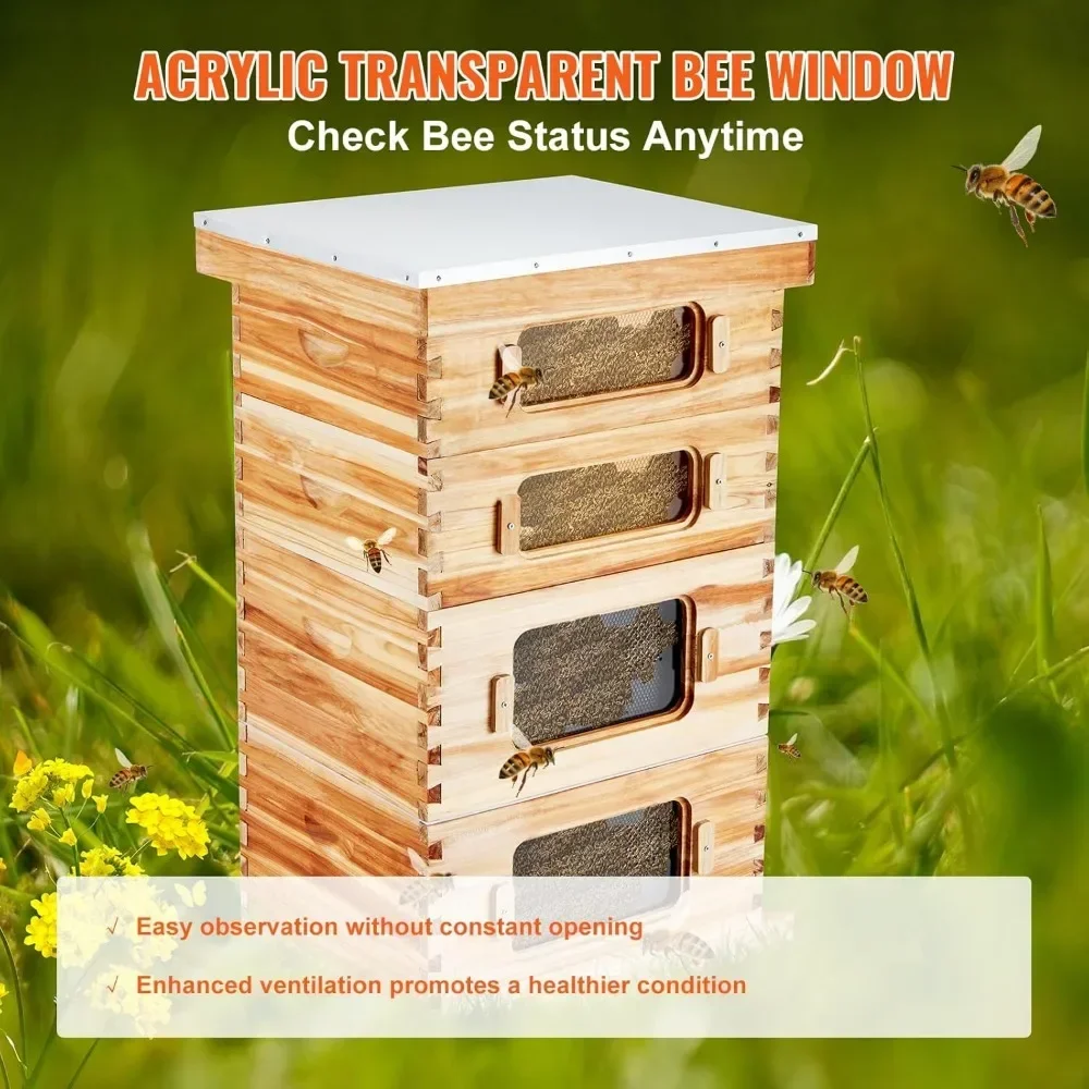 10 Frame Bee Hive, Beeswax Coated Fir Wood, 2 Deep + 2 Medium Bee Boxes Langstroth Beehive Kit for Beginners Pro Beekeepers