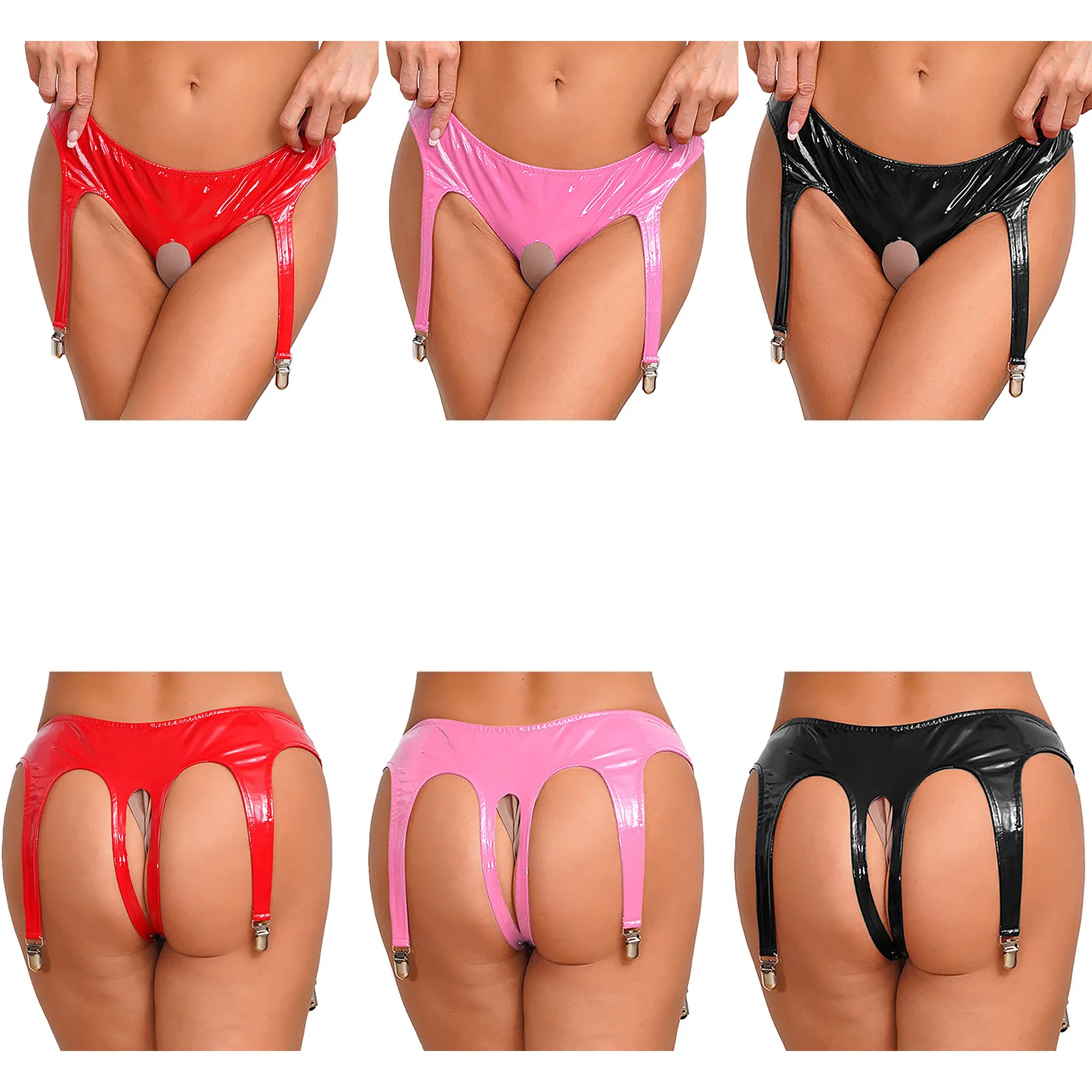 Womens Wet Look Patent Leather Briefs Crotchless Panties Underwear with Garter Clips Open Crotch Thong Lingerie