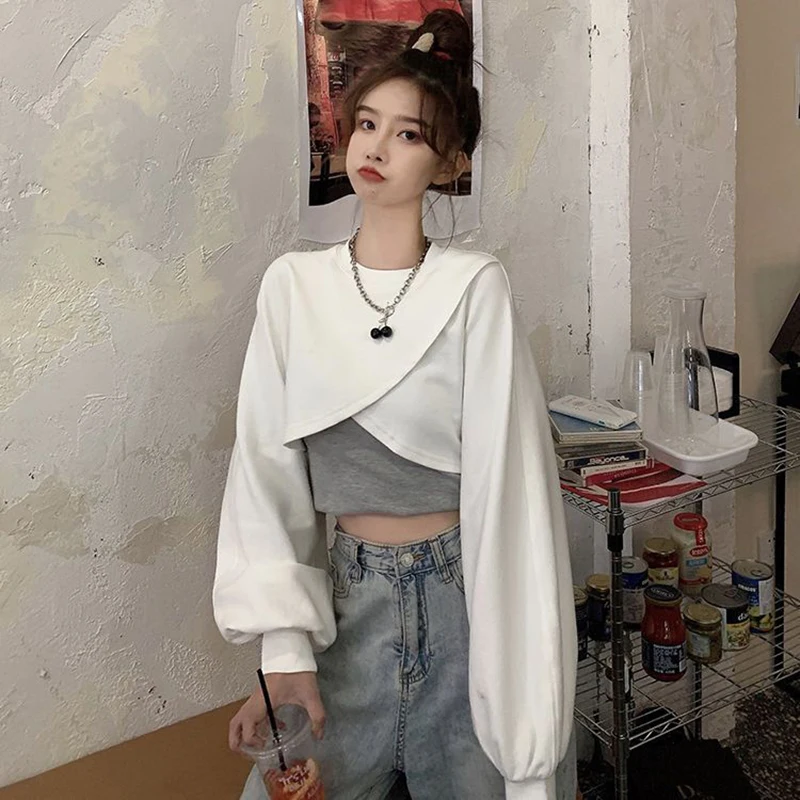 

Two Piece Set Crisscross Sexy Crop Long Sleeve Round Neck Women T Shirt Fashion Oversized Spring Autumn New Top Slim Streetwear