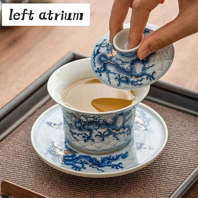 150ml Antique Gold Silver Inlaid Gaiwan Blue and White Dragon Tea Tureen Household Tea Maker Cover Bowl Services Ornaments
