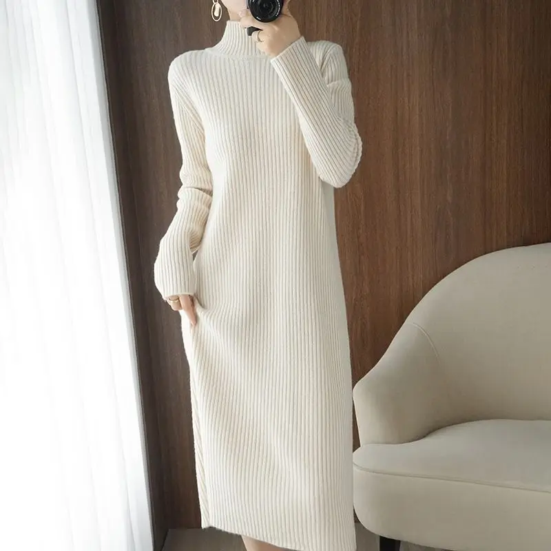 

Crochet Woman Dress White Knitted Maxi Loose Turtleneck Evening Clothes Red Dresses for Women Robe Long Sweat-shirt Kpop Xxl Emo