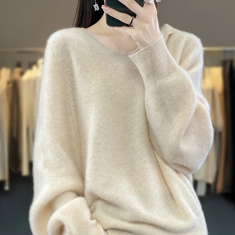 

New cashmere sweater in autumn and winter women's hooded pullover 100% merino wool top fashion Korean sweatshirt