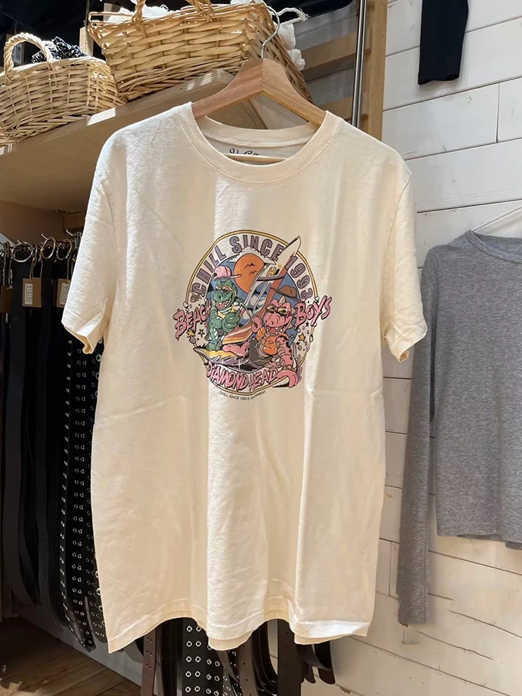 

Casual Women Cotton Beige Dinosaur Print Tees Summer Vintage Round Neck Short Sleeve T-shirt Female Streetwear Loose Tops Chic