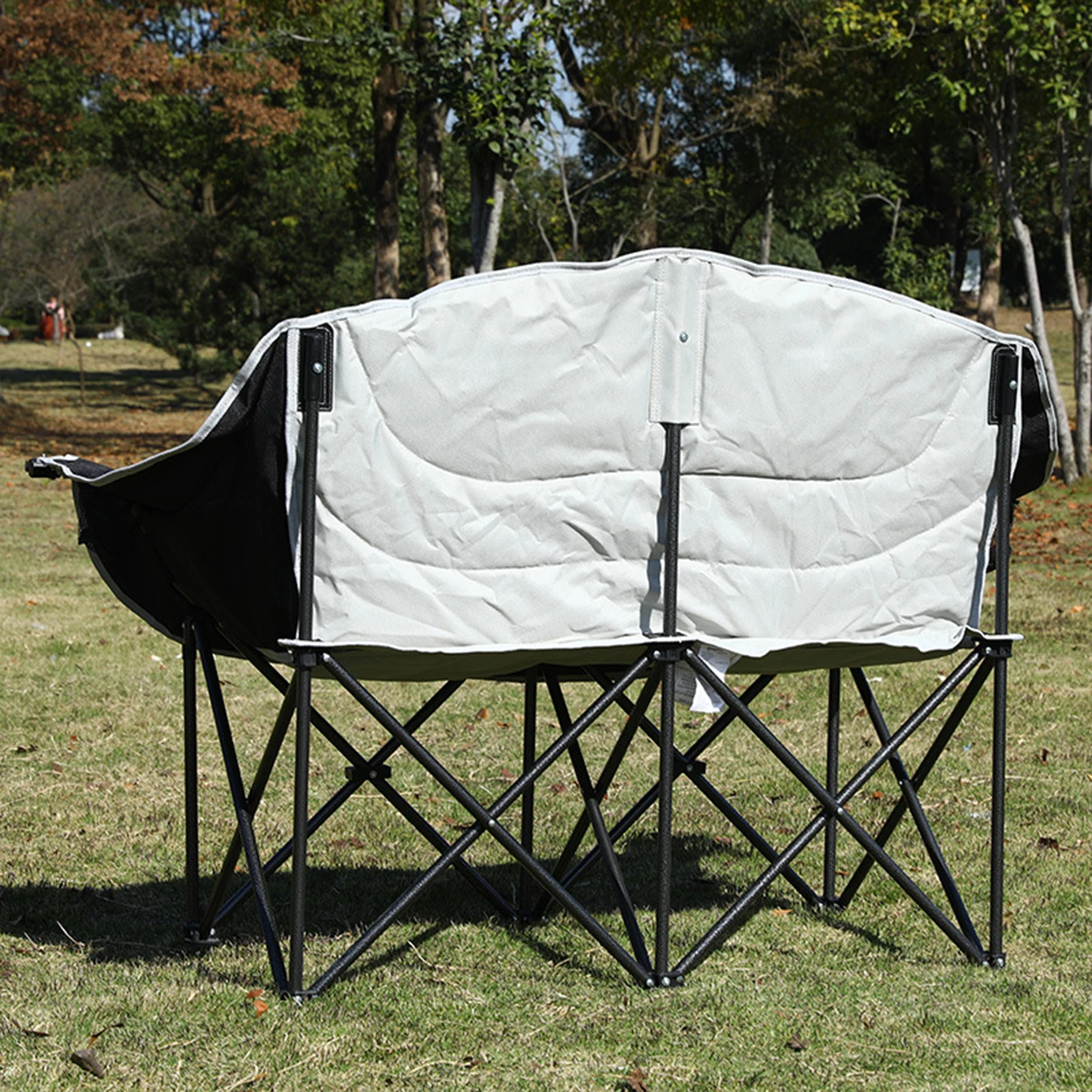Double Seat Collapsible Chair with Cup Holder Foldable Design Strong Load-bearing Waterproof Fabric Oversized Loveseat Camping 4
