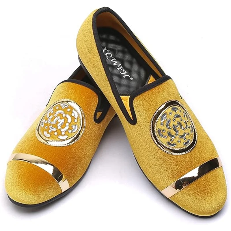 XQWFH Fashion Rhinestone Loafers for Men Slip-On Smoking Slippers Gold Emblem Tuxedo Dress Shoes Soft Casual Flats Wedding Shoes 3