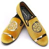 XQWFH Fashion Rhinestone Loafers for Men Slip-On Smoking Slippers Gold Emblem Tuxedo Dress Shoes Soft Casual Flats Wedding Shoes 3