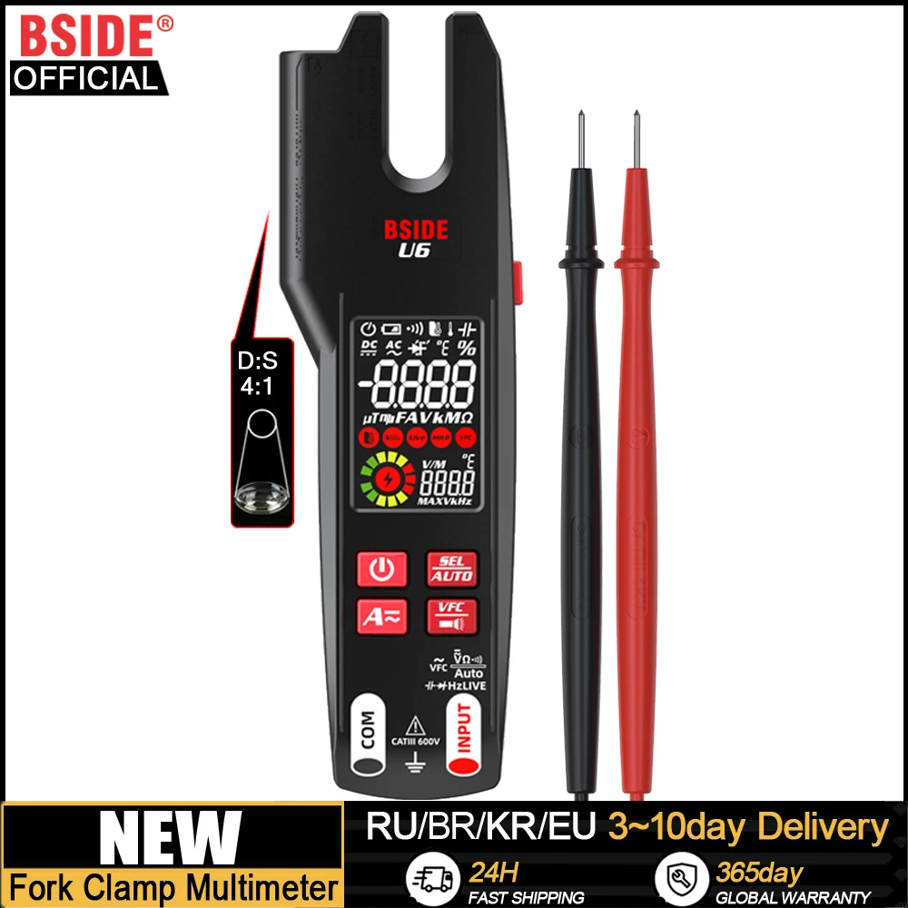 Pinza Amperometrica Digitale Professionale Bside U6 Fork 600A Pinza Amperometrica T-Rms Dc Ac Corrente Openjaw Tester Elettrico Multimetro Automatico
