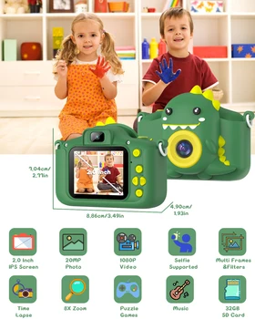 Kids Dinosaur Camera Portable Selfie Camera 1080P HD Digital Camera With 32GB Card Gift For Children Aged 3-12 1