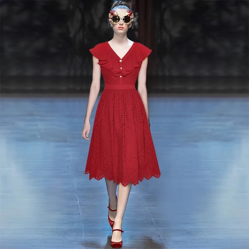 

Summer Runway Designers Dress Women Elegant Ruffles Embroidery V-neck Sleeveless Midi Dresses 2023 Red White Vestidos