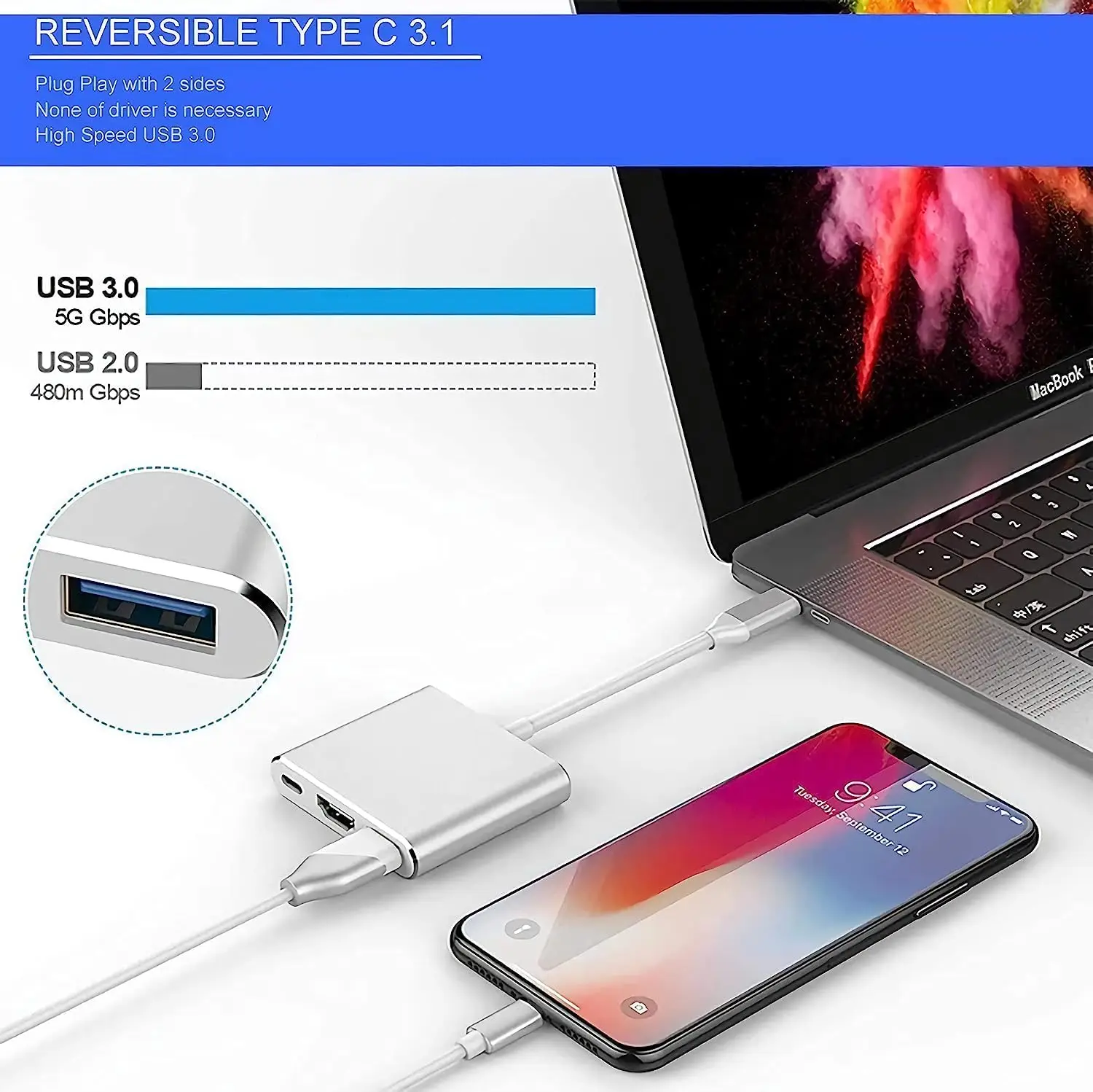3 IN 1 USB Type C to HDMI Cable Adapter Compatible Splitter 4K HDMI to Type C PD 65W Fast Charging for iPhone 15 Samsung Huawei