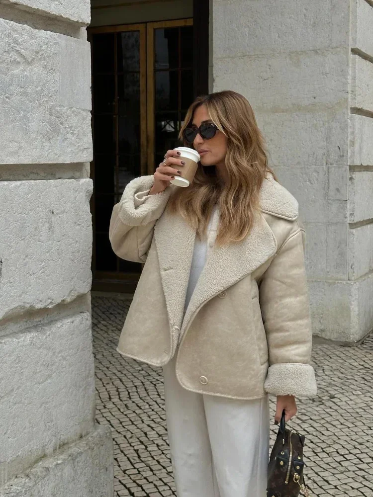 Chic Single Breasted Lapel Fleece Leather Jacket Women Long Sleeved With Pocket Warm Coat 2024 New Autumn Winter Thick Outerwear 3