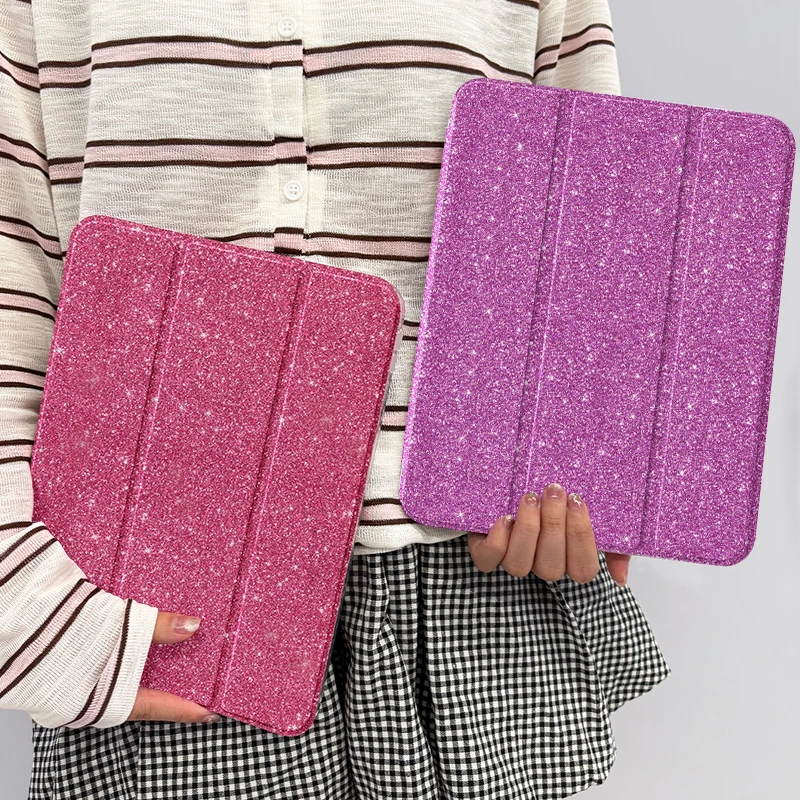 Sparkle Pink/Purple Foldable iPad Case with Pen Slot and Auto Wake/Sleep