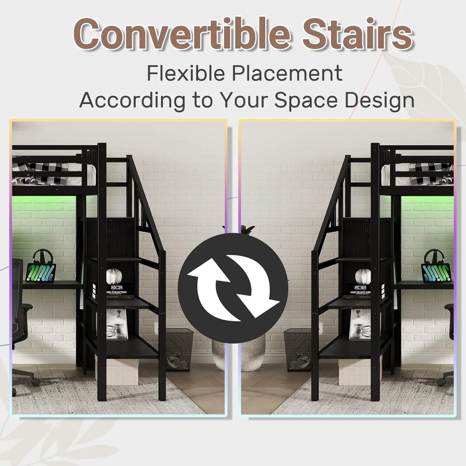 Full Size Loft Bed with Desk and Stairs Gaming Loft Bed with RGB LED Light and Storage Heavy-Duty Metal Lofts Beds Frame with