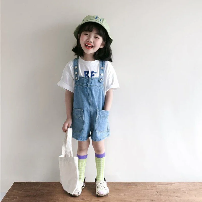 

2024 New Summer Korean Style Girls Jumpsuit Cute Fashion Washed Jeans Denim Romper Straps Short Pants Boutique Overalls 2-8 Year