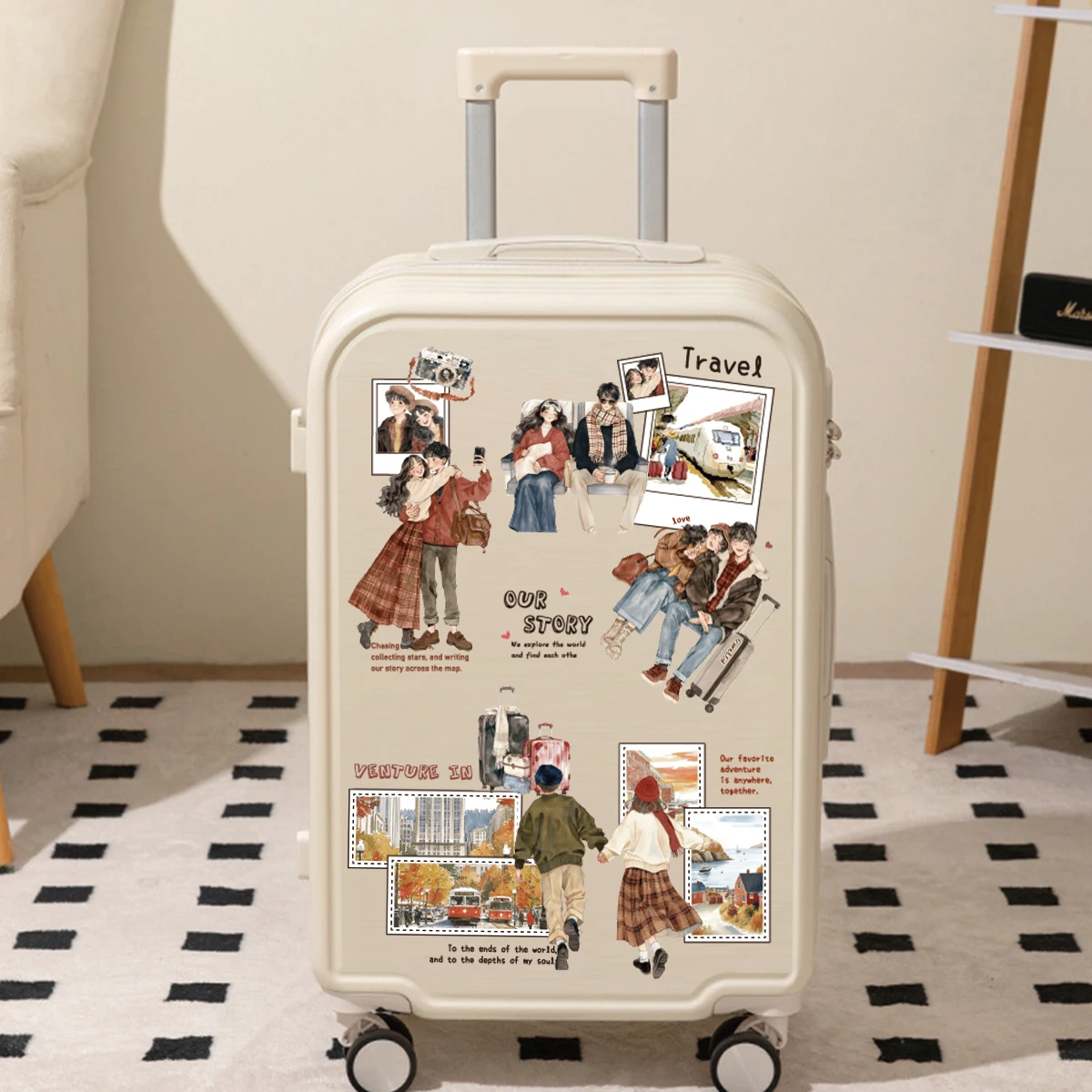 Etori Life 15개 커플 여행용 손그림 스티커, 함께 여행하는 커플을 위한 낭만적인 분위기의 저널링 재료, 노트북, 휴대폰 스티커, 여행 가방, 사진 앨범, 사무실 장식 액세서리, 방 장식, 학생 선물