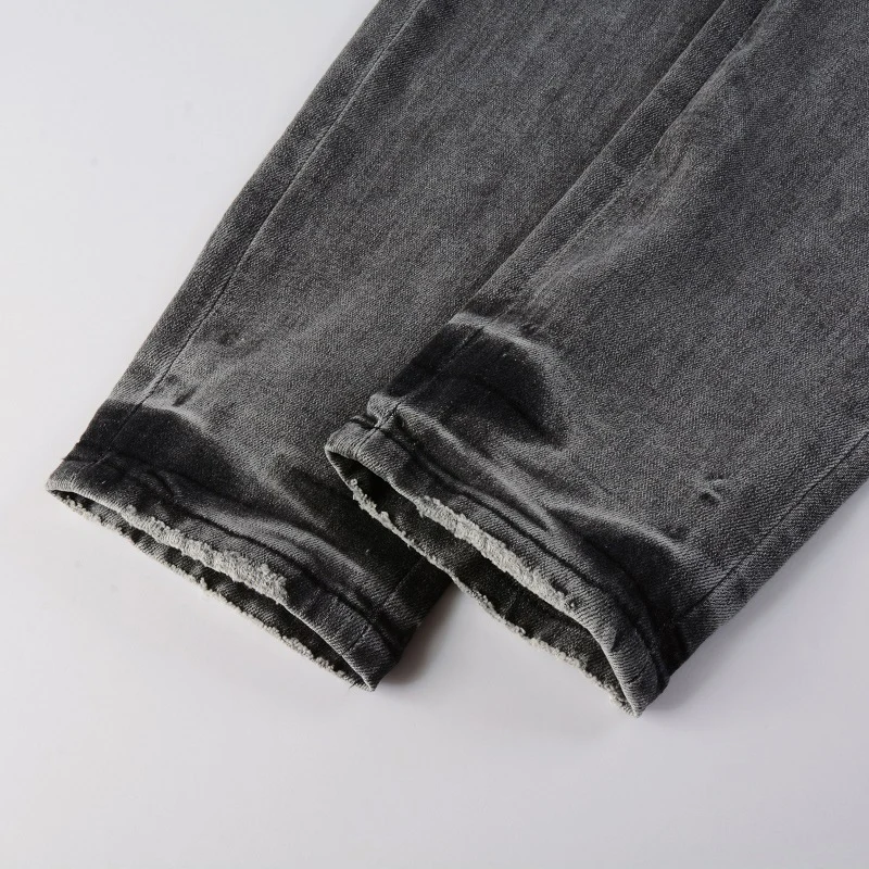 Men Bandana Paisley Print Patches Jeans Gray Stretch Denim Skinny Tapered Pants Holes Ripped Distressed Trousers