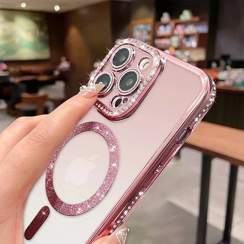 Luxury Bling Crystal Lens Film Case For iPhone 15 16 11 12 13 14 Pro Max 16 Plus Magsafe Magnetic Wireless Charging Clear Cover