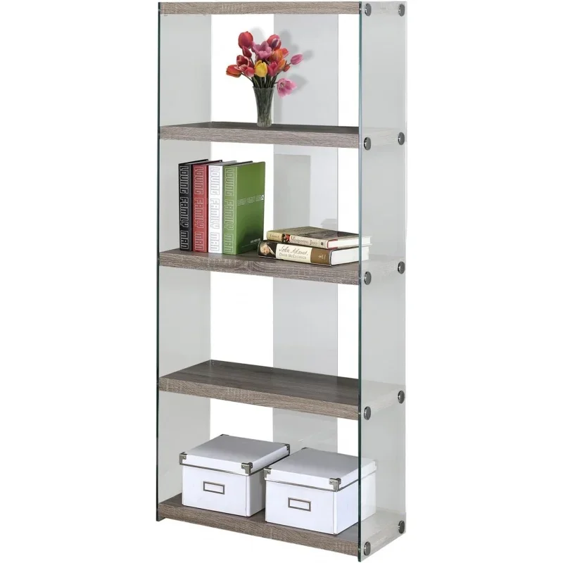 

Monarch Specialties Bookcase - 5-Shelf Etagere Bookcase - Contemporary Look with Tempered Glass Frame Bookshelf - 60"H (Dark Tau