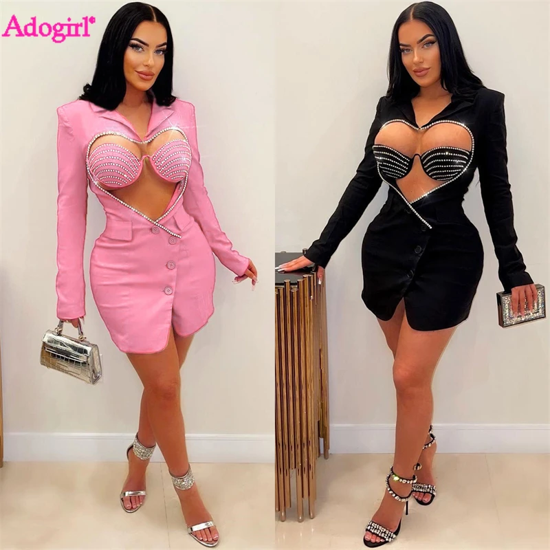 

Adogirl 2 Pcs Loveheart Diamonds Slim Mini Blazer Dress with Strapless Bra Women Sexy Hollow Out Notched Long Sleeve Party Robe
