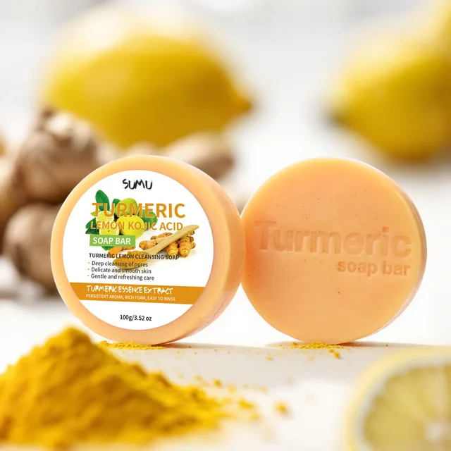 Savon à l'huile essentielle blanchissant au curcuma, 100g, vitamine C, hydratant pour la peau, nettoyage en profondeur, savon nettoyant au citron 1
