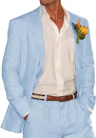 Hot Summer Sky Blue Linen Men Suit Casual Wedding Suits For Men Prom Elegant Blazer Slim Fit 2 Piece Groom Tuxedo Costume Homme