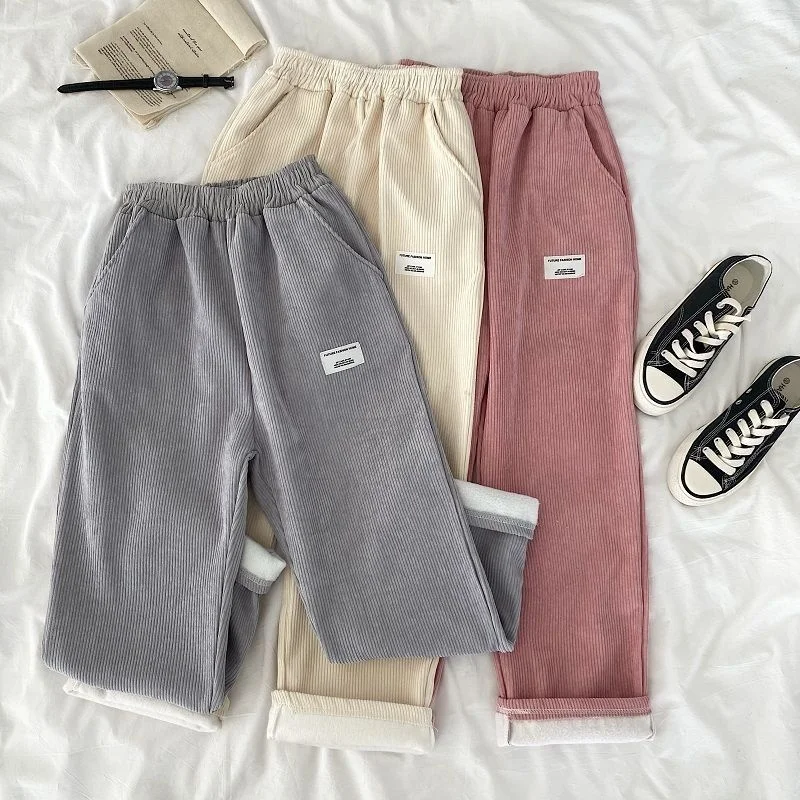 

Casual High Waist Korean Trousers Corduroy Warm Female Thick Velvet Letter Loose Harajuku Wide Leg Pants Womens