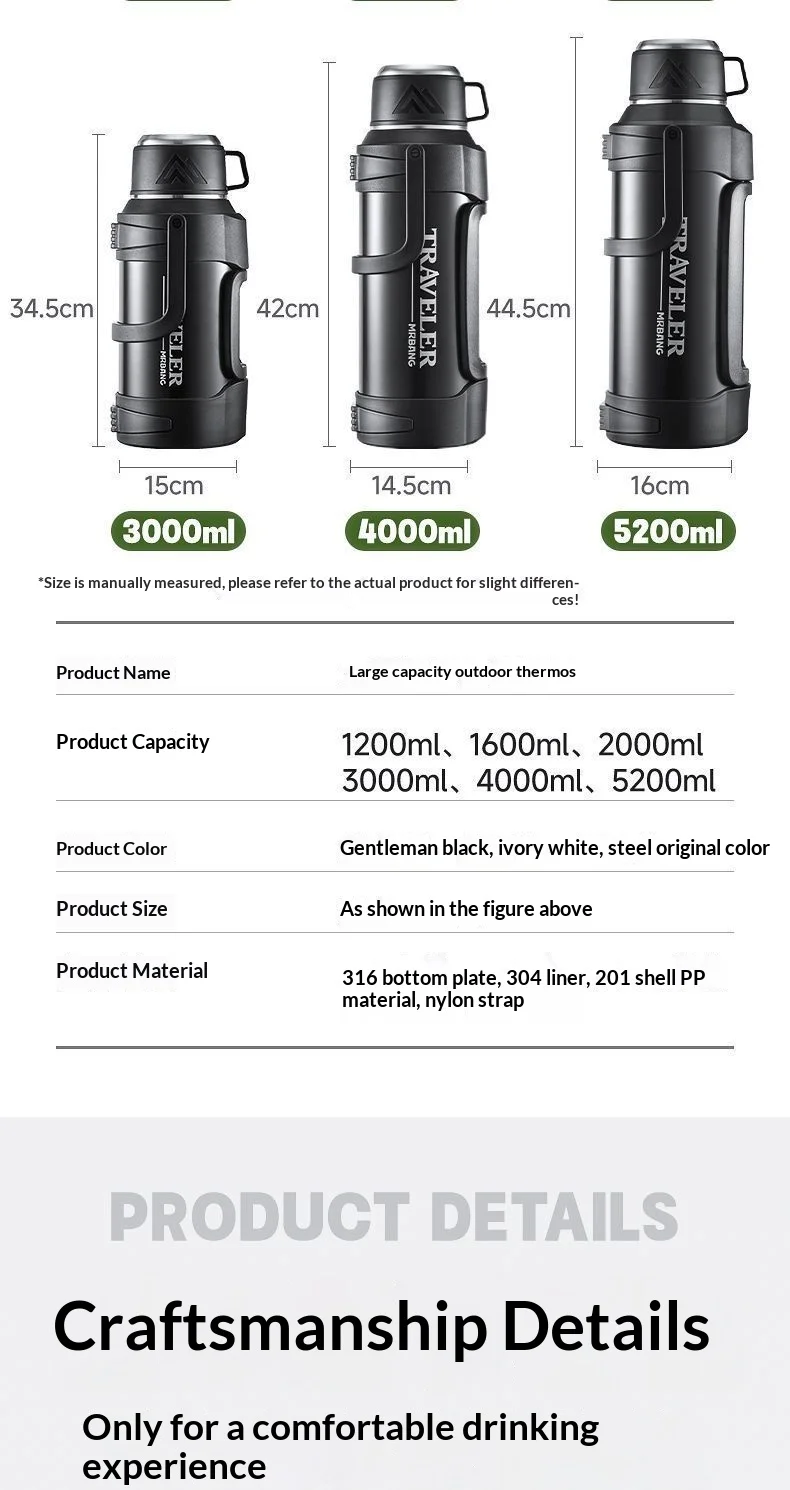 Large Capacity 1L Vacuum Water Bottle Double Wall Insulated 316 Stainless Steel with Handle Leak Proof for Car Office