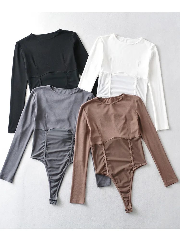 

UNUTH Girls Mesh One-piece Base Coat 2022 Autumn Ladies Vintage Waist Exposed On Both Sides Female Long Sleeves Bodysuits