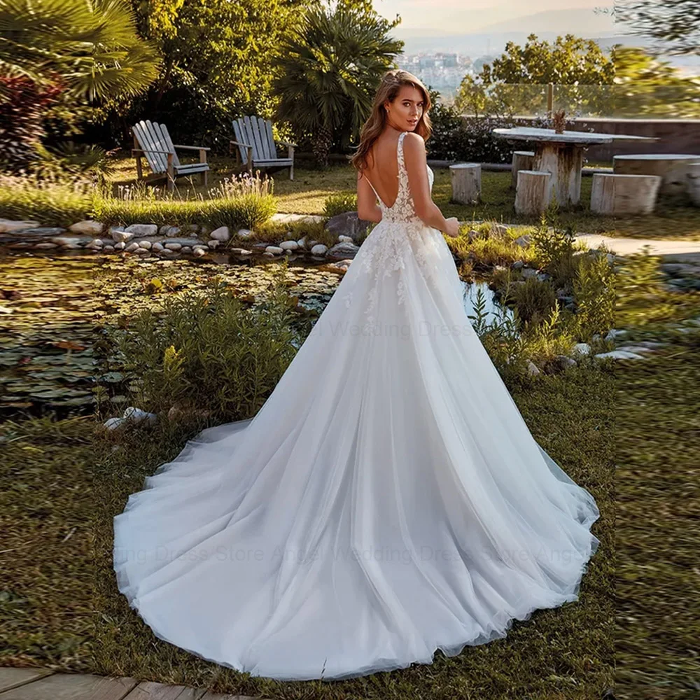 ANGEL Beach Wedding Dresses Appliques Straps V-Neck Bridal Party Gowns Backless Sweep Train robe de mariée fluide Custom Made 2