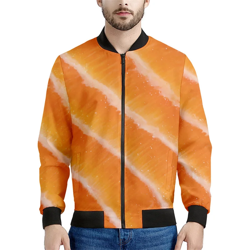 thumbnail image 1 of Chaqueta bomber con estampado 3D de salmón fresco para hombre y mujer, sudadera con estampado de carne de pescado sashimi, chaquetas de calle de manga larga con cremallera, 1 of 4